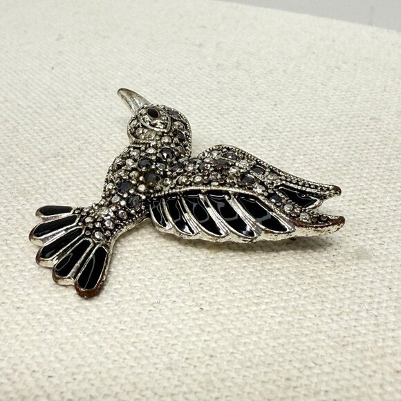 Hummingbird Figural Brooch Pin Marcasite Black Enamel Silver Tone Metal - Picture 4 of 7